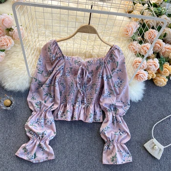 Femei Bluza Imprimeu Floral Summer Square Guler Puff Maneca Topuri Scurte Coreean Arc Cordon Ruched Bluze 2021