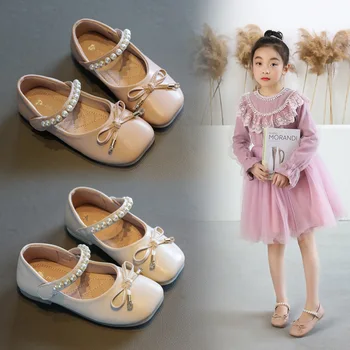2021 Primăvară Fete Pantofi de Piele de Brand Nou Copii Pantofi Rochie Printesa Perle, ștrasuri din Mărgele cu Papion Copii Pantofi de Partid Superficial Nunta