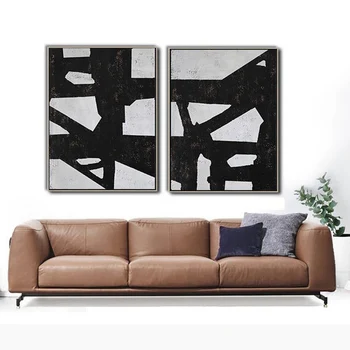 Pictura abstracta Arta Panza Picturi de Mari dimensiuni pe Panza Alb-Negru Set de 2 Pictura Acasă Decor Minimalist, Pictura Acril