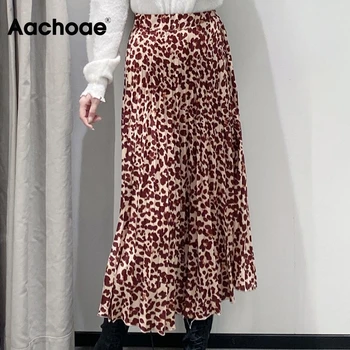 Aachoae Chic Leopard De Imprimare Plisata Fusta Lunga Femei Elastic Talie Mare Epocă Midi Fusta Doamnelor Fuste Faldas Mujer Moda 2020
