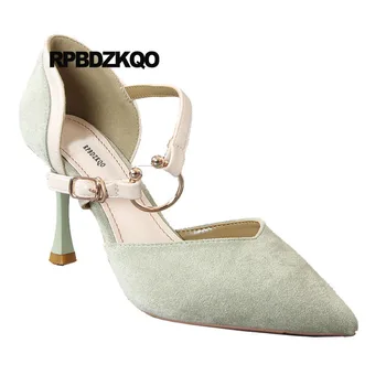 Pompe De Piele De Căprioară Dimensiune 4 34 2018 Verde Pantofi Pentru Femei Curea Birou Tocuri Ascuțite Toe Stilet Seara De Metal Munca De Designer