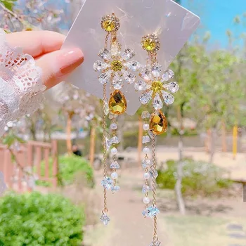Coreeană Elegant Cristal Galben Strălucitor Petală De Floare Tassel Picătură Cercei Pentru Femeile Elevii Petrecere De Moda Pendientes Bijuterii