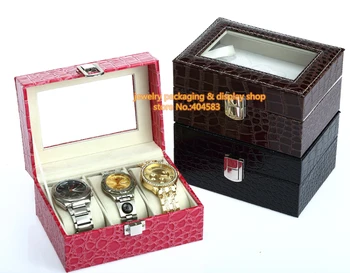 Imitație de piele 3 grila ceas cutie cu top de sticla