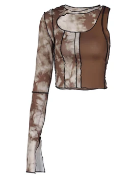 Femeile Mozaic Crop Top, Casual, Un Singur Umăr Maneca Lunga Taie Tie Dye Print Tee Camasa