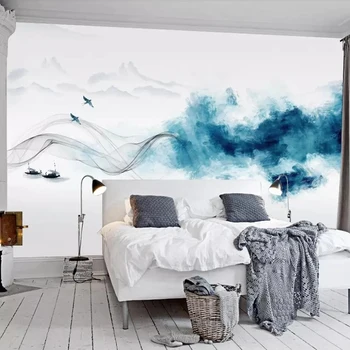 Personalizate Orice Dimensiune Murală Tapet Stil Chinezesc Abstract Albastru Cerneală Pictura Peisaj Camera De Zi Studiu Decor Acasă Papel De Parede
