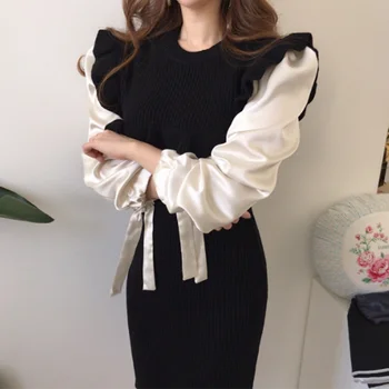 Coreeană Chic Femei Subțire Pulover Tricotate Rochii Doamnelor De Epocă Elegant Lungă Puff Maneca Talie Mare Bodycon Rochie De Petrecere Vestidos