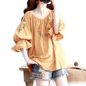 Primăvara Design Original De Vara Femei Haine Mori Fata Dulce Tricouri Coreea Drăguț Broderie Lenjerie De Pat Din Bumbac Galben Bluze
