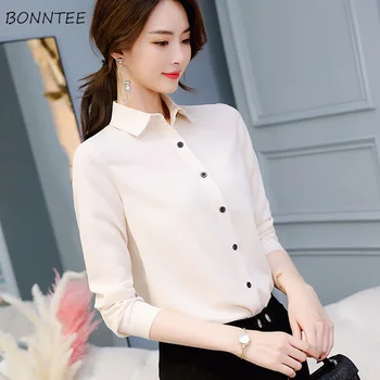 Tricouri Femei Stil Coreean De Primăvară La Modă Doamnelor Elegante Solid Top Femei Șifon Bluza Singur Pieptul Simplu Maneca Lunga, Bluze