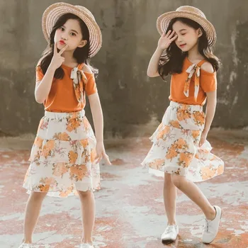 Haine Pentru Copii 2020 Moda De Vara Noi Fetele Arc Fără Mâneci Bumbac T-Shirt +Șifon Florale Talie Elastic Fusta Fete 2 Buc Set