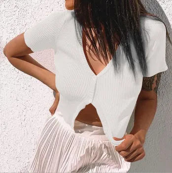 2020 Maneci Scurte Butoane Cardigan Sexy Culturilor Topuri de Vara Femei de Moda Tricotate Casual Bodycon Elastic T-shirt