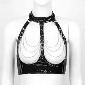 Femei Clubwear Expuse Sutien Aspect Umed din Piele de Brevet Lenjerie Ștreangul de Gât Goale Piept cu Metal Lanț Tassel Înapoi Zip Up Sutien Top