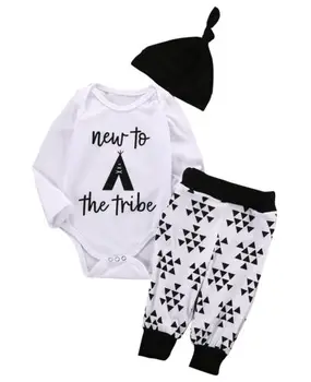 Copil Nou-Născut Băieți Fete Primavara Si Toamna Cu Maneci Lungi Haine De Bumbac Set Alb Scrisoare Topuri Romper+Pantaloni Lungi+Pălărie Utilaje
