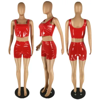 Femei Sexy PU Seturi de Haine de Vară 2020 2 Piese de Top si Felul Pantaloni de Trening Femei Set de Potrivire Costume Petrecere de Club F0559
