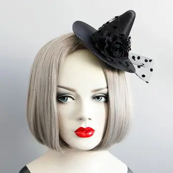 Femeile Fascinator Negru Floare Agrafa Vrăjitoare Pălărie De Top Polka Oală Voal Hairband Kit