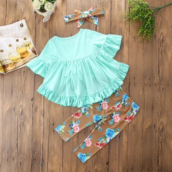 Fetita 3PCS Seturi de Îmbrăcăminte Verde Flare Sleeve Top Vrac + Florale Imprimate Pantaloni + Bandă de 1-6M copii Copii Tinutele Casual