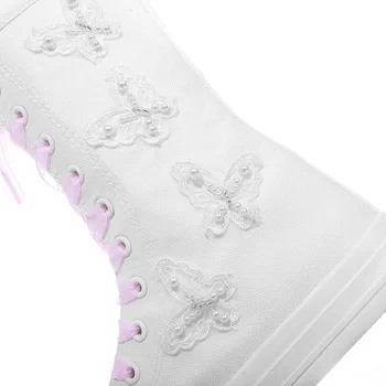 Moda 2020 Femei Adidași Alb cu Margele Pantofi Casual Femei pearl Fluture aplicatiile Femei Vulcanizat Pantofi de Înaltă Dantela Formatori