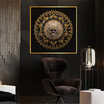 Craniu de aur Negru și Alb Flori de Panza Pictura pe Perete Postere Si Printuri Abstracte Totem Arta Imaginii Pentru Camera de zi Decor Acasă