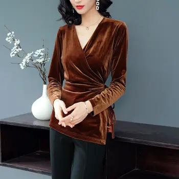 Primăvară Elegant Dantela-Up Catifea, Bluze Femei Plus Dimensiune 4XL Casual V-Neck Maneca Lunga Slim Cămașă Vintage lady Pulover Topuri