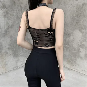 2021 Sexy gol negru mesh T-shirt perspectivă de sex feminin cusaturi expuse ombilical de imprimare mici sling cu craniu plasă de dantelă sling