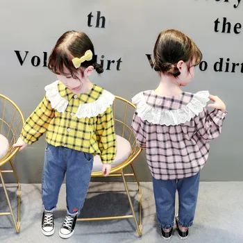 Toamna Imbracaminte Copii Set Baby Girl Korean Rever Bumbac Carouri Camasa cu Maneca Lunga, Blugi 2 buc 0-4 Ani Copilul Fată Costum de Haine
