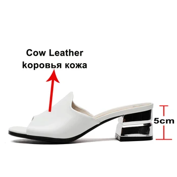 Meotina Femei Pantofi Naturale Din Piele Tocuri Inalte Papuci De Deget De La Picior Pătrat Peep Toe Slide-Uri Toc Pătrat De Vară Doamna Sandale 2020