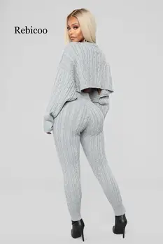 Tricotate 2-bucata femei top cu mâneci lungi și pantaloni sexy 2019 pulover de iarna costum din două piese