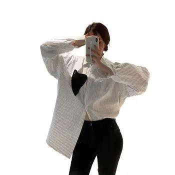Bluze pentru femei Guler de Turn-down Primăvară, Tricouri cu Dungi Inima Toate-meci Mânecă Lungă Pierde Uza Harajuku Feminin Toamna Tricouri