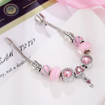 Pan ' s new DIY brățară roz serie iubesc cheie pandantiv roz spirală accesoriu de sticlă margele bratara cadou
