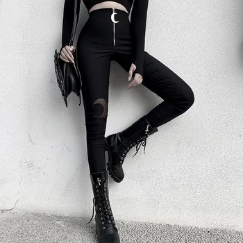 Gothic Fată Casual Negru Jambiere De Metal Decor Semiluna Cu Fermoar Talie Mare Strânse Picioarele Pantaloni Sex Feminin Uri De Moda