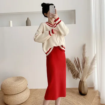 Toamna Iarna Tricotate Seturi De Costume Pentru Femei V-Neck Benzi Pulover Pulovere+ Fusta Eleganta Pentru Femei Costum De Haine 2 Bucata Set Tricot