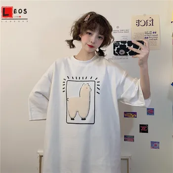 Desene animate T-shirt Femei Alpaca Imprimate Vrac Maneca Scurta Pentru Femei Supradimensionat Animal Topuri Casual de Vara coreea Style Drăguț Tees