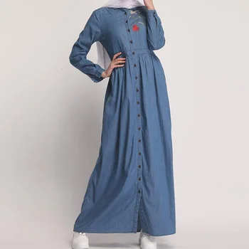 Plus Dimensiune Denim Lung Rochie De Femei Toamnă Single-Breasted Butoane Kimono Cardigan Vrac Halat De Caftan Musulman Cămașă Rochie Vestidos