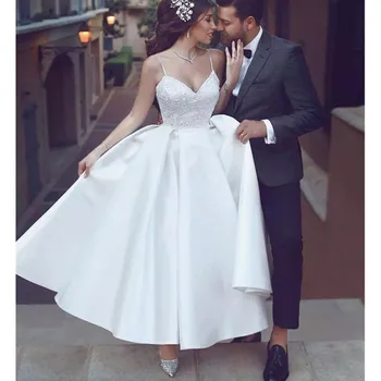 Ceai de Lungime Rochie de Mireasa O-Linie Aplicatii din Satin de Nunta Rochie de Curea Spaghete Personalizate Epocă vestido de noiva 2020