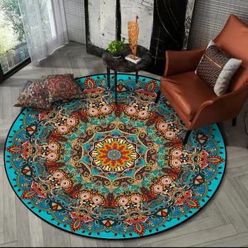 Boem Culoare Lac Albastru Mandala Cu Flori Stil Etnic Camera De Zi Dormitor Coș De Agățat Scaun Rotund Floor Mat Covor