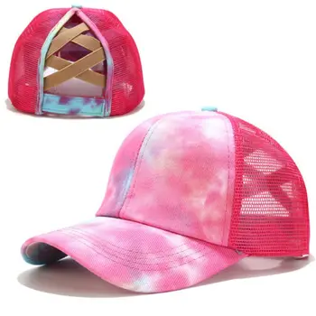 Femei Neon Colorate Tie-Dye Șapcă De Baseball Criss Cross Coada De Cal Gaura Messy Bun Respirabil Ochiurilor De Plasă De Protecție Solară Înapoi Trucker Hat
