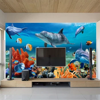 Foto personalizat imagini de Fundal de Perete Pânză de Desene animate 3D Lume Subacvatică Delfinii pictura Murala Pentru camere Copii Dormitor Copii 3D de Perete care Acoperă