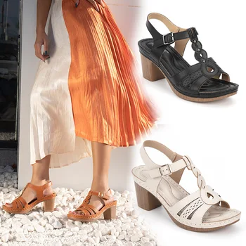 Doamnelor pantofi cataramă naturale piele naturala-sandale de bloc cu toc pentru femei pantofi deget de la picior pătrat square sandale de doamnelor fierbinte de vânzare