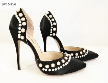 În 2020, Noi femeile perle albe tocuri inalte cu toc subtire perla pompe de pantofi de partid satin negru pompe de pantofi rochie 12cm toc pantofi de nunta