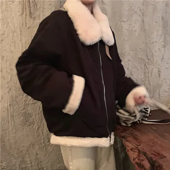 Versiunea Coreeană Japoneză Jacheta De Toamna Iarna De Moda Casual, Retro Îngroșa Ține De Cald Lambswool Fermoar Rever Maneca Lunga