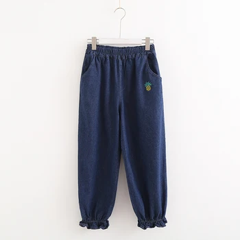 Harajuku Femei Ananas Kawaii Broderie Blugi Denim Toamna anului 2019 Talie Elastic Volane Pantaloni Harem Solid fasolea Pantaloni Streetwear