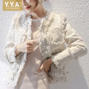 Femeie Elegant Tweed, Blana Scurta De Toamna Office Doamnelor Ciucure Slim Fit Sacou Verificate Vintage Perle Pieptul Singur Costum De Haine