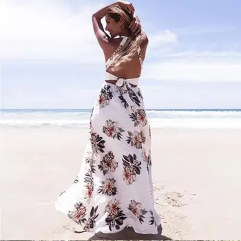Frumos Boho Agățat De Gât Cu Spatele Gol Femei Rochie Lungă Șifon Split Print Floral Vogue Rochie De Dantelă Sus Plajă Maxi Vestidos