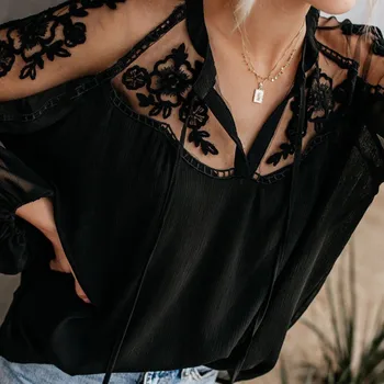 2020 Bluze Șifon V-Gât Casual Dantela Plasă de Coasere maneca lunga Femei Lanern Bluze cu Maneca