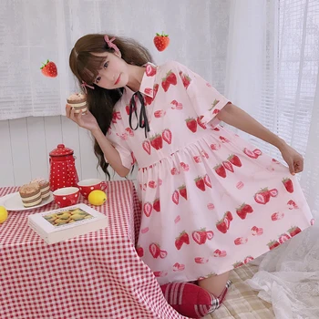Lolita Rochie femei de vară drăguț Japoneză de imprimare capsuni papusa fusta liber cămașă cu mânecă scurtă kawaii îmbrăcăminte lolidress drăguț