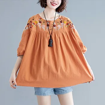 Supradimensionate pentru Femei Lenjerie de pat din Bumbac Casual T-shirt New Sosire 2021 Vară Stil Vintage Broderii Florale Vrac Fmale Topuri Teuri S3201