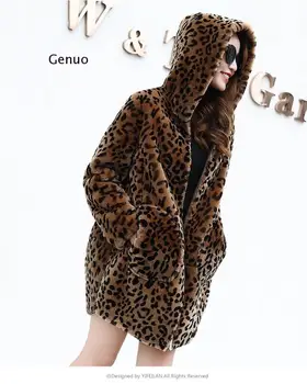 Femei Leopard Faux Blana Haine De Iarna Cald Gros Cu Gluga Jacheta Noua Moda Cu Maneci Lungi Cu Fermoar Vrac Plus Dimensiune Sacou