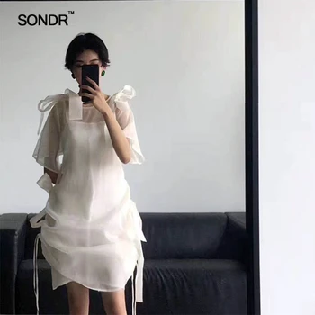 SONDR 2019 nou romantism francez perspectivă bowknot alb Zână rochie asimetrica din dantela-up rochie de Vacanță femei