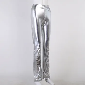 MyZyQg Femei Luciu Metalic Cutat Gramada Pantaloni De Moda De Stradă Pantaloni Cu Talie Înaltă Casual Slim Îmbrăcăminte