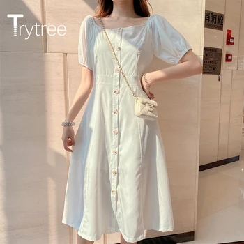 Trytree de Vară 2020 Femei Rochie Casual Piața Collar Manșon de Puf Solid 2 Culoare-linie de Moda de Epocă Temperament Rochie de la Jumătatea Vițel