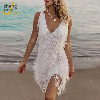 O Nouă Elegant De Argint Ciucuri Rochie Mini Sexy Femei V Gâtului Plajă Petrecere Solidă Rochie De Club Slim Rochie Fără Mâneci Scurte Vestidos